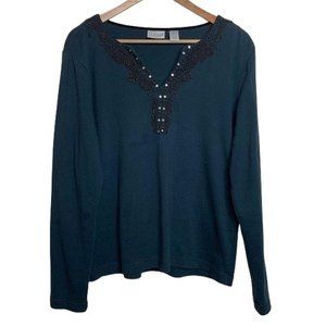 Chico's Blouse Black Long Sleeve Cut V-Neck Lace Rhinestone Tee Shirt Medium